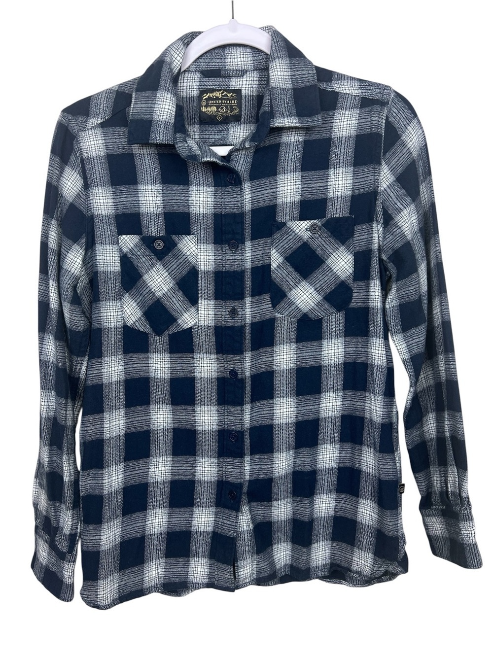 United By Blue  Navy & White Plaid Button-Up Shirt Women’s S Cotton Flannel
